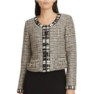 Katherine New York Tweed Jacket‎ PM Black White Collarless Embellished Glamorous